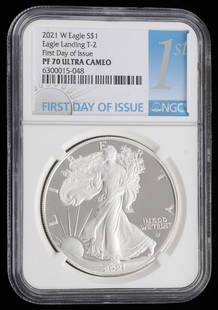SILVER EAGLE $1 PF 70 ULTRA CAMEO FIRST DAY 2021: 2021 ultra cameo PF 70 Eagle Landing T-2 silver dollar. This lot has a reserve.