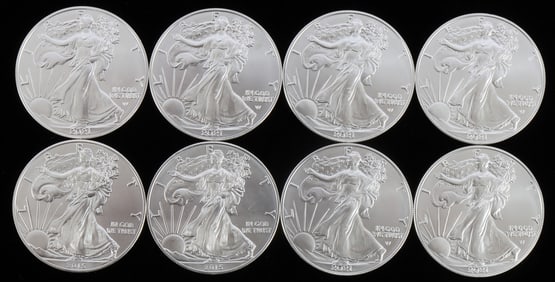 LOT 8 SILVER AMERICAN EAGLE .999 FINE 1 OZT COINS