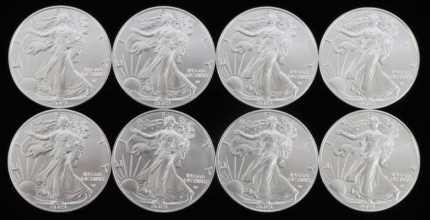 LOT 8 SILVER AMERICAN EAGLE .999 FINE 1 OZT COINS: Lot of EIGHT (8). Brilliant uncirculated. All mixed dates. This lot reserves at melt.