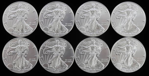LOT 8 SILVER AMERICAN EAGLE .999 FINE 1 OZT COINS: Lot of EIGHT (8). Brilliant uncirculated. All mixed dates. This lot reserves at melt.