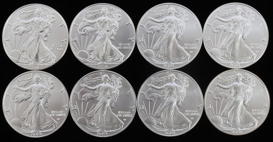 LOT 8 SILVER AMERICAN EAGLE .999 FINE 1 OZT COINS