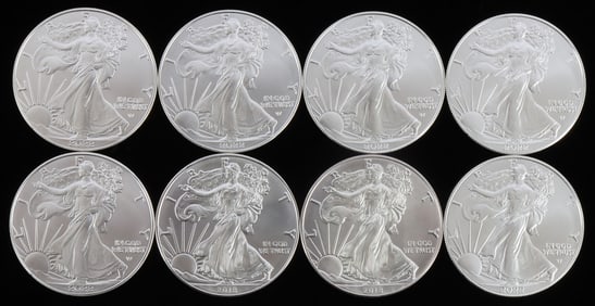 LOT 8 SILVER AMERICAN EAGLE .999 FINE 1 OZT COINS