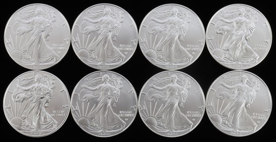 LOT 8 SILVER AMERICAN EAGLE .999 FINE 1 OZT COINS
