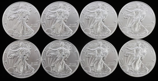 LOT 8 SILVER AMERICAN EAGLE .999 FINE 1 OZT COINS
