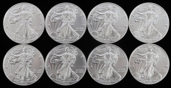 LOT 8 SILVER AMERICAN EAGLE .999 FINE 1 OZT COINS