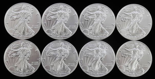 LOT 8 SILVER AMERICAN EAGLE .999 FINE 1 OZT COINS: Lot of EIGHT (8). Brilliant uncirculated. All mixed dates. This lot reserves at melt.