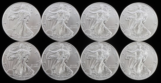 LOT 8 SILVER AMERICAN EAGLE .999 FINE 1 OZT COINS