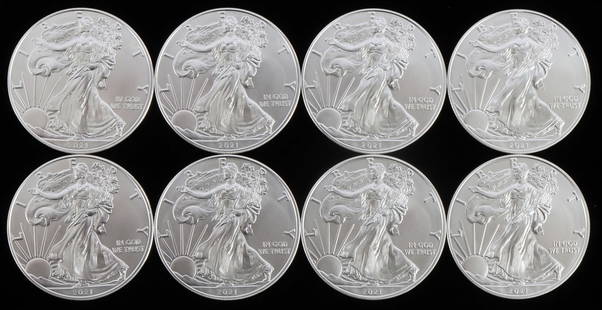 LOT 8 SILVER AMERICAN EAGLE .999 FINE 1 OZT COINS: Lot of EIGHT (8). Brilliant uncirculated. All mixed dates. This lot reserves at melt.