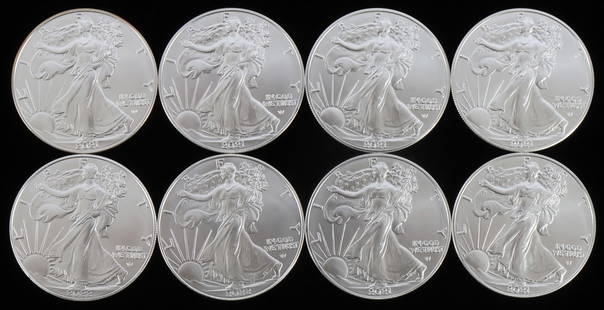 LOT 8 SILVER AMERICAN EAGLE .999 FINE 1 OZT COINS: Lot of EIGHT (8). Brilliant uncirculated. All mixed dates. This lot reserves at melt.