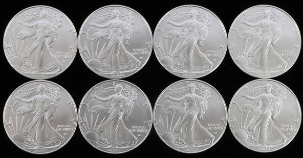 LOT 8 SILVER AMERICAN EAGLE .999 FINE 1 OZT COINS: Lot of EIGHT (8). Brilliant uncirculated. All mixed dates. This lot reserves at melt.