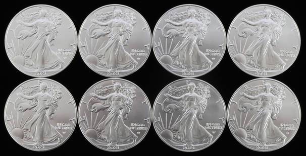 LOT 8 SILVER AMERICAN EAGLE .999 FINE 1 OZT COINS: Lot of EIGHT (8). Brilliant uncirculated. All mixed dates. This lot reserves at melt.