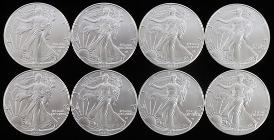 LOT 8 SILVER AMERICAN EAGLE .999 FINE 1 OZT COINS