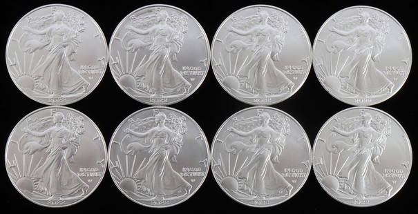 LOT 8 SILVER AMERICAN EAGLE .999 FINE 1 OZT COINS: Lot of EIGHT (8). Brilliant uncirculated. All mixed dates. This lot reserves at melt.