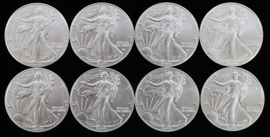 LOT 8 SILVER AMERICAN EAGLE .999 FINE 1 OZT COINS