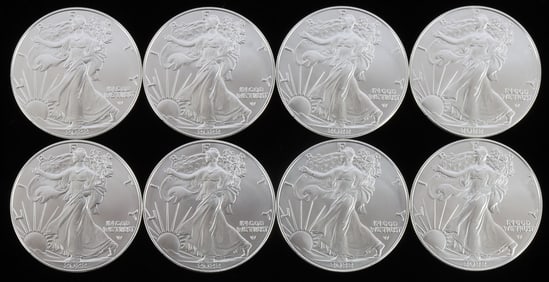 LOT 8 SILVER AMERICAN EAGLE .999 FINE 1 OZT COINS