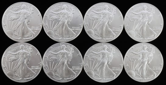 LOT 8 SILVER AMERICAN EAGLE .999 FINE 1 OZT COINS