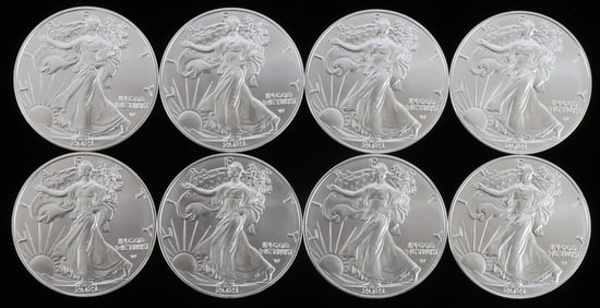 LOT 8 SILVER AMERICAN EAGLE .999 FINE 1 OZT COINS