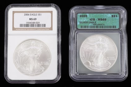 LOT 2 PCGS & ICG MS69 SILVER AMERICAN EAGLE COINS