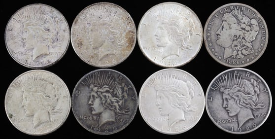 LOT 8 MIX DATE SILVER PEACE & MORGAN DOLLAR COINS