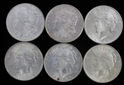 6 UNCIRCULATED PEACE & MORGAN SILVER DOLLAR COINS