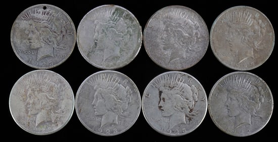 LOT OF 8 SILVER PEACE DOLLAR COINS