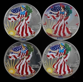 4 1 OZT OUNCE PAINTED SILVER AMERICAN EAGLES COINS