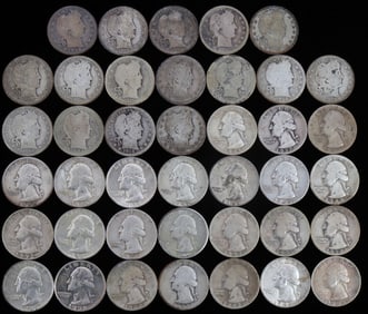 BARBER & WASHINGTON 90% SILVER QUARTERS $10 FACE