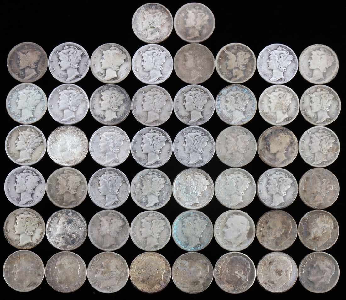 $5.00 FACE VALUE MERCURY & ROOSEVELT SILVER DIMES: Lot of FIFTY (50) coin. Not date searched. All from circulation. This lot has a reserve.