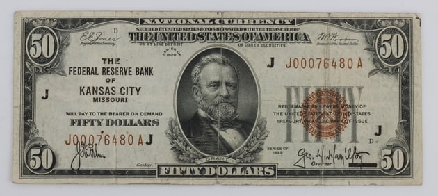 1929 US FEDERAL BANK NOTE KANSAS CITY $50 BILL