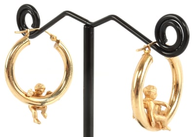 14K GOLDEN HOOP EARRINGS WITH A CHERUB ANGEL