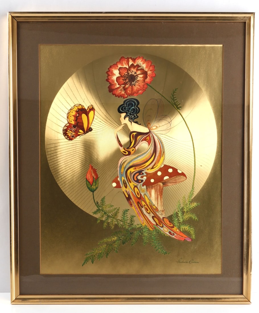 MICHELLE EMBLEM ART NOUVEAU NYMPH FOIL PAINTING: Michelle Emblem, "Poppy Nymph," mixed media artwork, ca. 1970s. Hand painted on gold tone foil. Signed lower right. 20 X 16 inches (sight). 25 X 21 inches (framed). Good condition.