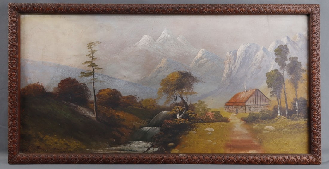 ANTIQUE LANDSCAPE BY ARTHUR E. BARD: Landscape by Arthur E. Bard, American landscape artist. Depicts an idyllic cabin scene of a lightly wooded forest leading to a nearby mountain chain. Painting is on board. 32.5 X 17.25 inches.