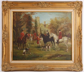 ANTIQUE OIL PAINTING OF A BRITISH HUNTING PARTY