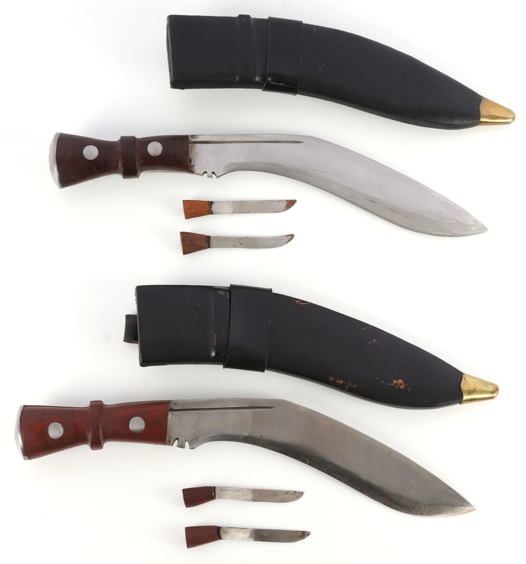 2 GURKA KUKRI KNIFE LOT W LEATHER SCABBARD: Lot of TWO (2). Each blade stamped India, in sheaths. 19 inches.