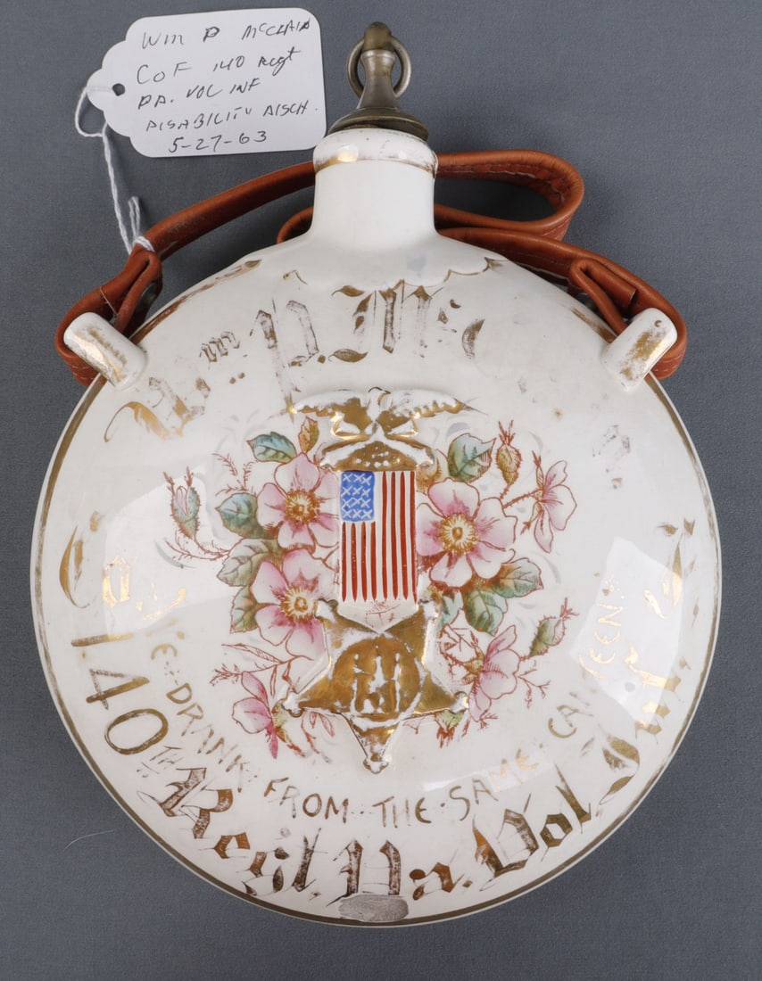 US CIVIL WAR CERAMIC GAR CANTEEN 140TH PENN REG.: Ceramic canteen for the Grand Army of the Republic, the largest veterans' organization following the Civil War. Canteen bears the GAR veteran symbol in the center, and is dedicated to the 140th Regime