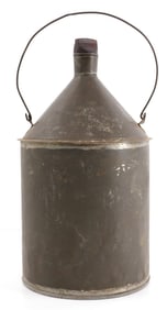 19TH CENTURY TIN JUG CANTEEN W CARVED WOOD STOP