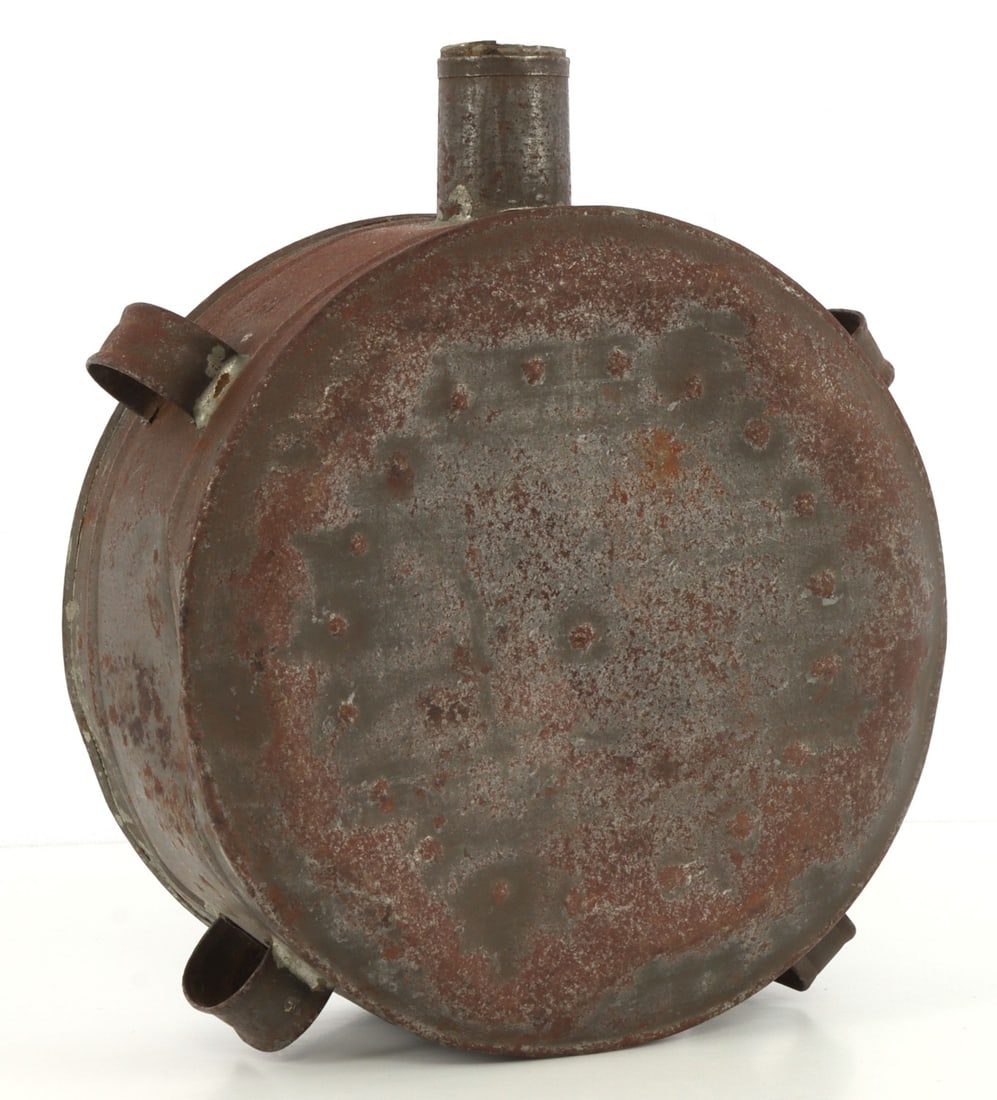 CIVIL WAR TIN DRUM CANTEEN LIKELY CIVILIAN: Most likely civilian. 4 strap loops, no cork. Has interesting previous owner description. 6 X 3 inches.