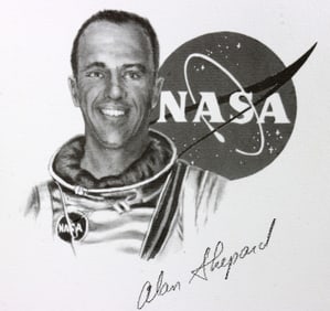 US NASA ALAN SHEPARD AUTOGRAPHED PRINT SKETCH