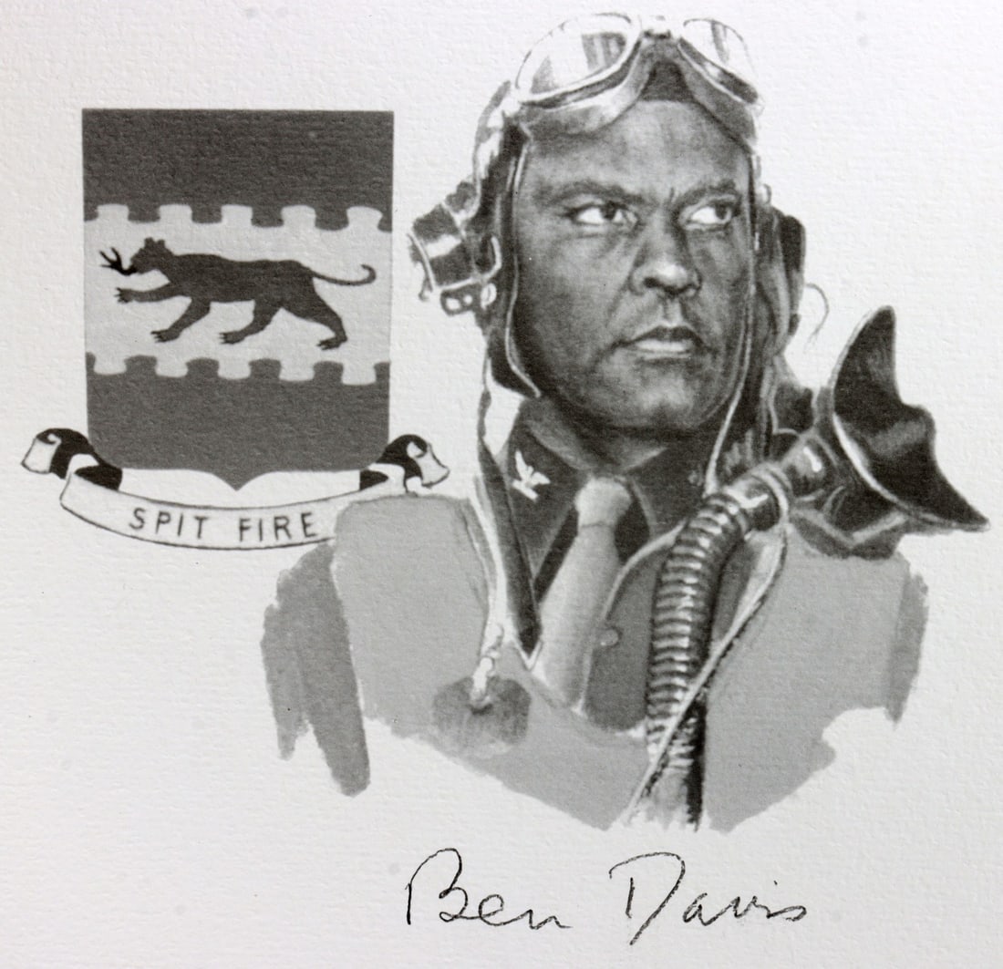 WWII US TUSKEGEE BEN DAVIS SIGNED PRINT SKETCH: Print of a sketch showing Ben Davis, senior officer of the Tuskegee Airmen and later general. The image has been signed by Davis. Image unsigned by artist, but the image is by military artist Jay Ashu