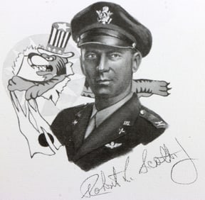 WWII US ROBERT SCOTT AUTOGRAPHED PRINT SKETCH