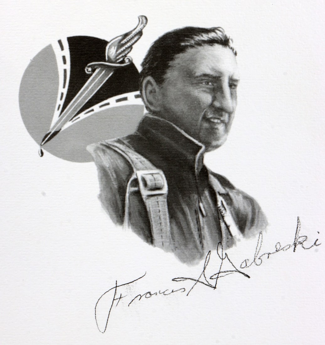 WWII US FRANK GABRESKI AUTOGRAPHED PRINT SKETCH: Print of a sketch showing Frank Gabreski, Army ace of aces in Europe and a repeat ace in the Korean War. Image has been signed by Gabreski. Although unsigned by artist, the sketch is by military artis
