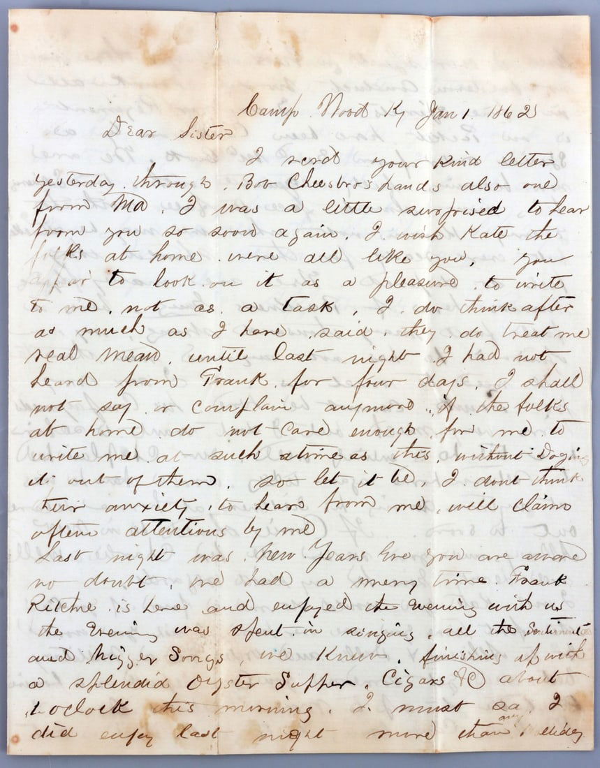 CIVIL WAR ALS NEW YEAR LETTER KENTUCKY SOLDIER: Civil War autograph letter, signed "George," dated January 1, 1862. A Federal soldier writes to his sister, "Today our regiment is on picket. We've been called on by a special order from Gen. McCook.