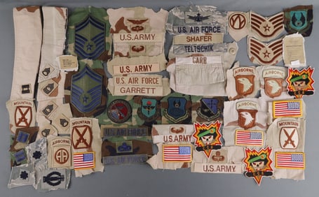 LOT 60+ US MILITARY PATCHES ON CLOTHING SWATHES