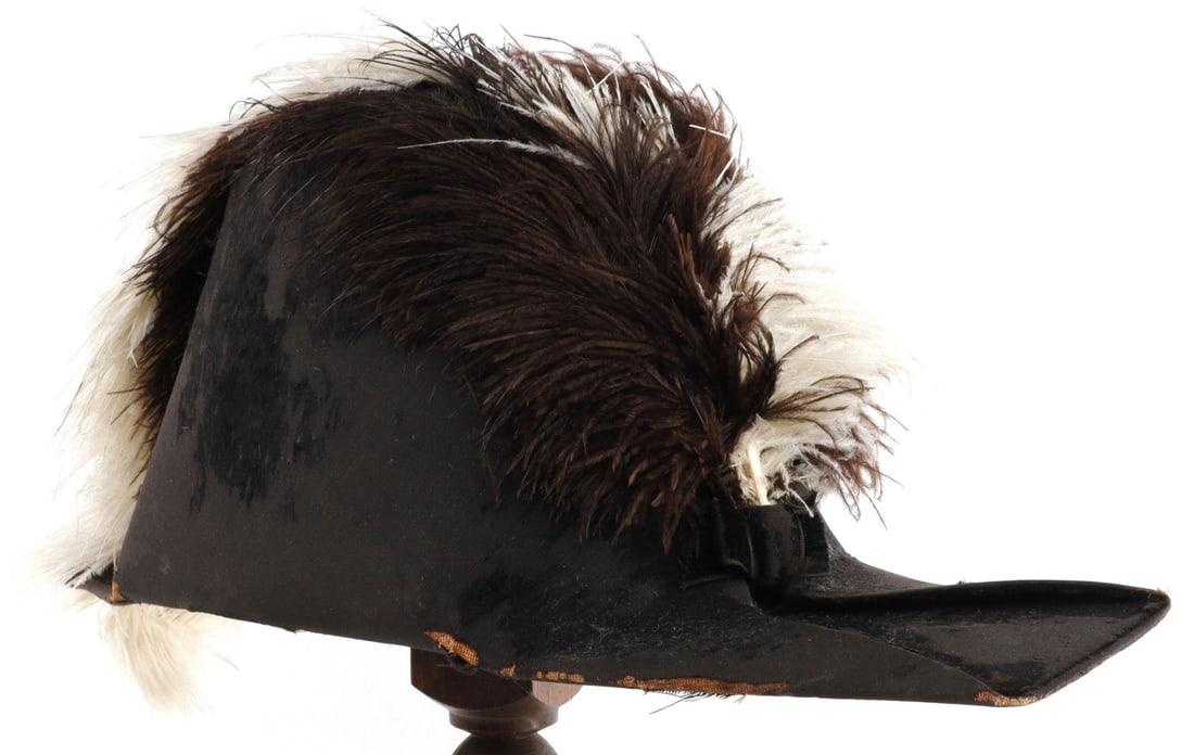 NAMED MASONIC BICORN HAT WITH OSTRICH PLUME: Antique plumed bicorn hat or chapeau of the type worn by Freemasons and fraternal organizations. Interior has black silk liner, nametag "F.S. Gaswell" and maker's label "Harding, Costumes, Regalia, 22
