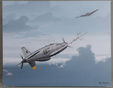 RAY WADDEY PAINTING OF A PFEIL ATTACKING A YB-35