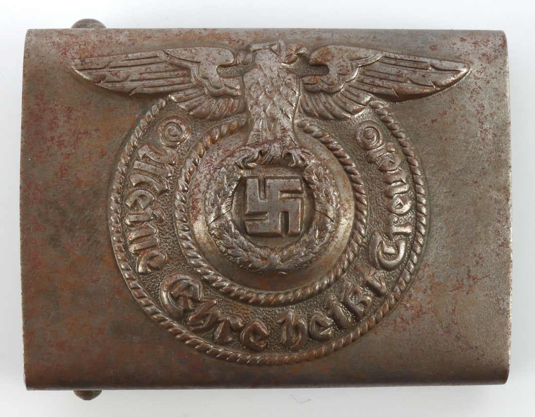 WWII GERMAN THIRD REICH SS EM ENLISTED BELT BUCKLE: Enlisted man's belt buckle. Steel construction. Marked RODO. 2 5/8 inches. This lot has a reserve.