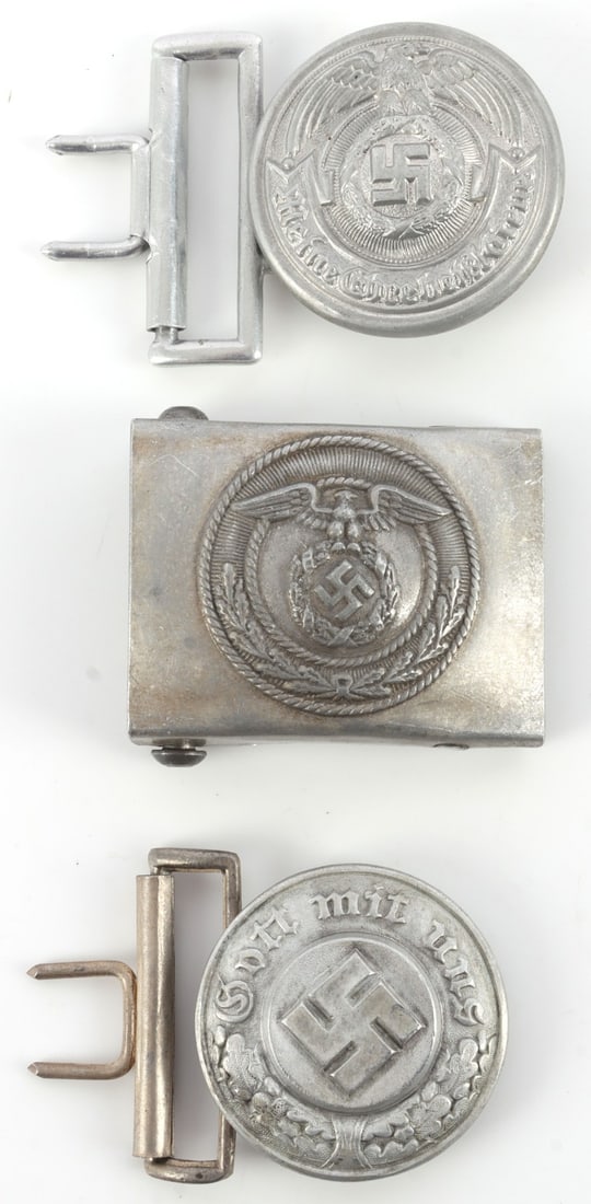 LOT OF 3 WWII GERMAN BELT BUCKLES SS HEER NSDAP: All with unusual maker's marks. Very good condition. Unauthenticated, sold "as is." This lot has a reserve.