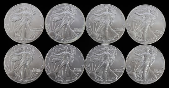 LOT 8 SILVER AMERICAN EAGLE .999 FINE 1 OZT COINS