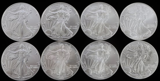 8 MIX DATE 1 OZT OUNCE SILVER AMERICAN EAGLE COINS