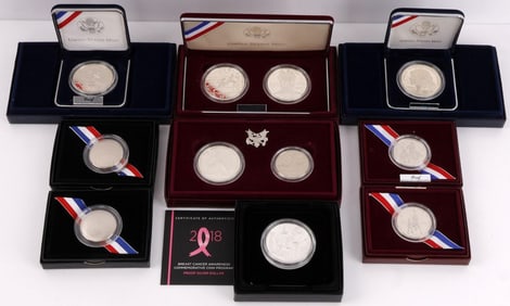 LOT OF 9 SILVER COMMEMORATIVE COINS SPORTS OLYMPIC